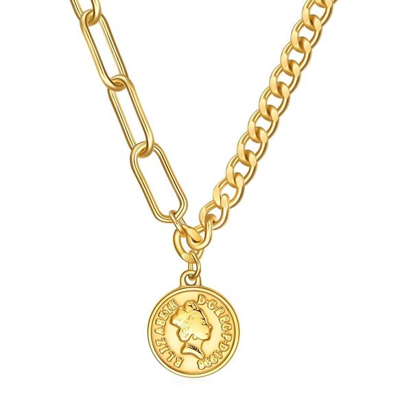 18K Gold Plated Women's Queen Elizabeth Crown Coin Necklace Waterproof Chunky - Picture 1 of 13